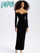 Lunivop Women Celebrity Winter Sexy Long Sleeve Off Shoulder Lace Black Velvet Bodycon Gowns Dress